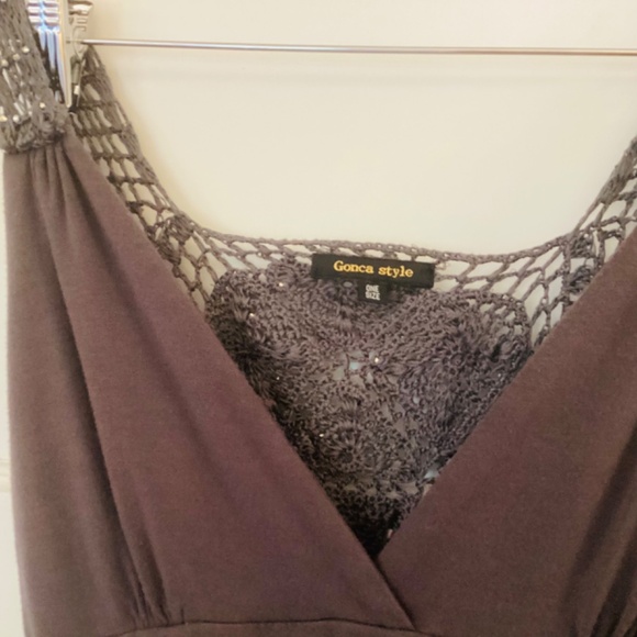 Gonca Style Dress Crochet Back Beaded Knit Jersey Gray One Size Empire Waist - Picture 4 of 10